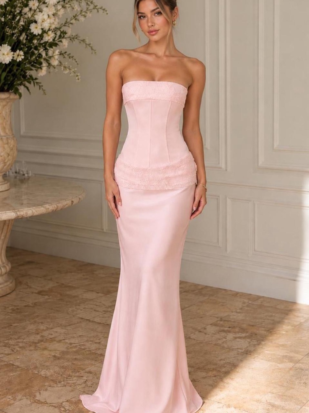 Princess Polly Strapless Blush Pink Satin Maxi Dress